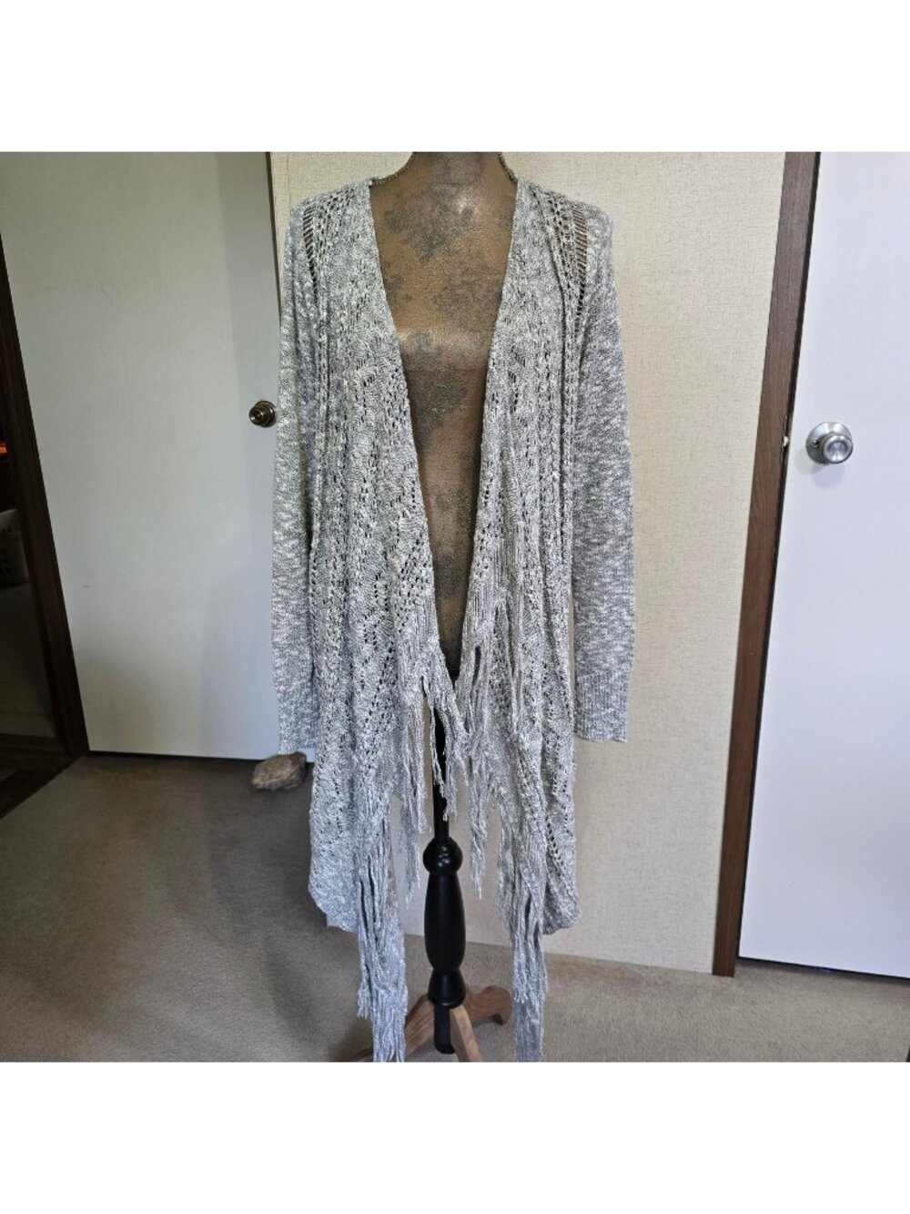 Maurices M Boho Fringe Open Front Cardigan Sweater Gray Knit Lightweight Casual
